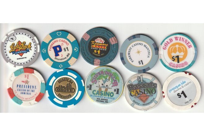 10 DIFFERENT $1 CASINO CHIPS FROM CASINOS ALL AROUND-VARIOUS LOCATIONS