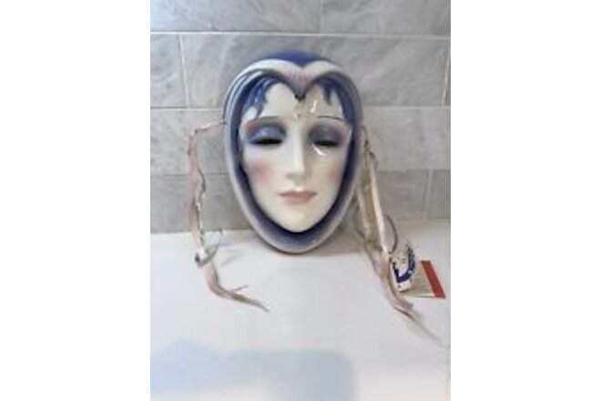 Vintage 1990 Clay Art SF USA Ceramic Mask Ribbon Scarf Woman Face Adult Size 8"