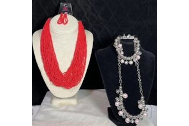 Paparazzi Faux Pearl Necklace Bracelet Earring Set, Red Seed Glass Necklace Set