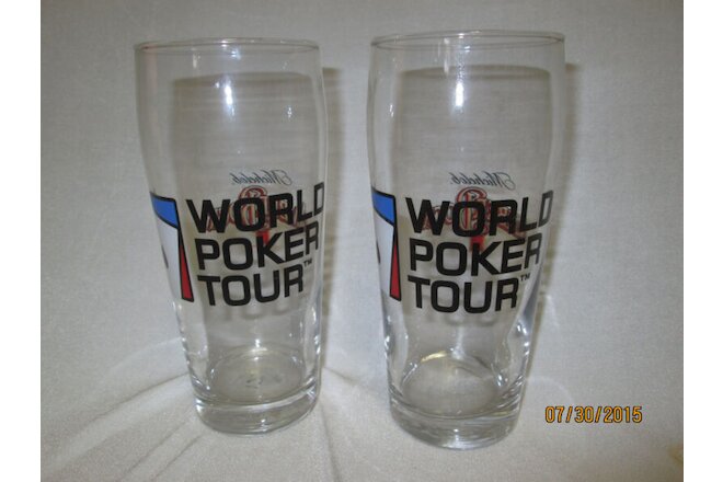 Set of 2 World PokervTour Logo Beer Drinking Glasses Michelob Amber Bock Nice