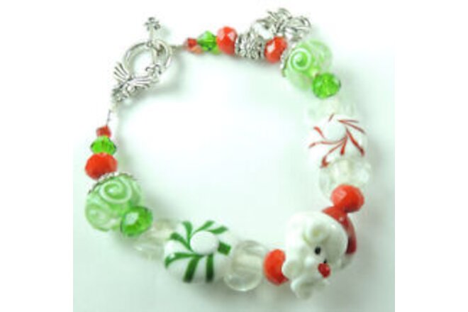 Christmas Holiday Santa Lampwork Bracelet with Peppermints & Bells Handcrafted