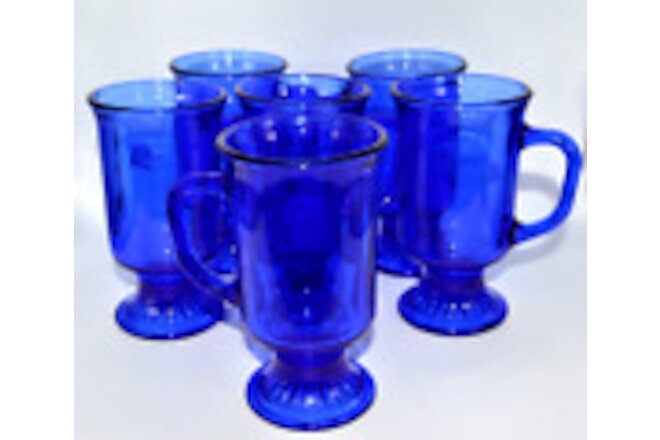 6 Vintage Anchor Hocking Cobalt Blue Glass Footed Coffee Cup Capuchino Mug Latte