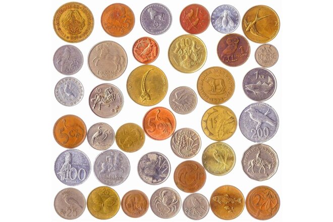 20 DIFFERENT COINS WITH ANIMALS, BIRDS, BEETLES, FISHES, CRUSTACEANS, INSECTS