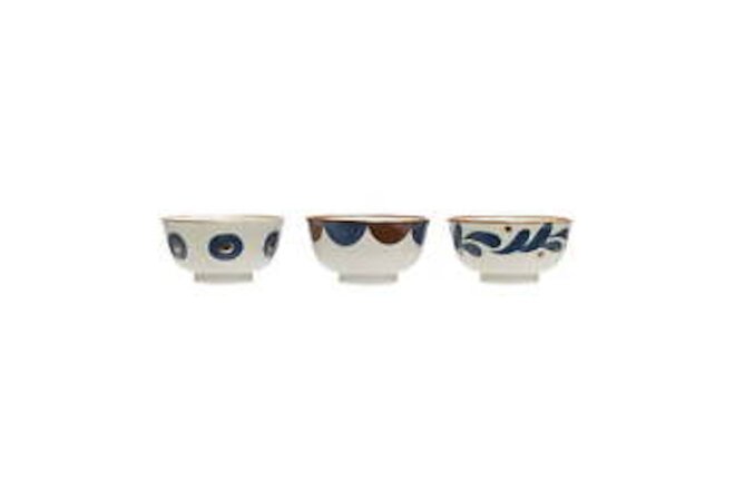 6.5" White Porcelain Bowl with Handpainted Blue & Brown Pattern (Set of 3 )