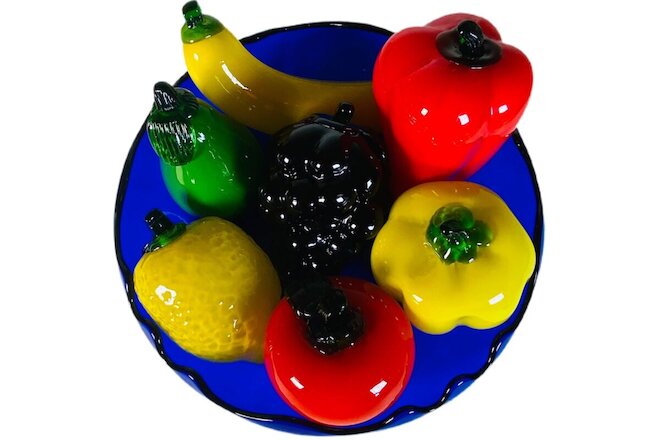 Vintage Murano Style Glass Fruits & Vegetables Cobalt Blue Bowl MCM 8 Piece Set