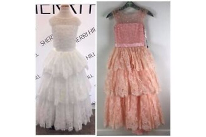 SHERRI HILL Tiered Pink Beaded Lace Dress Kids Girls Size 8 Pageant Formal $650
