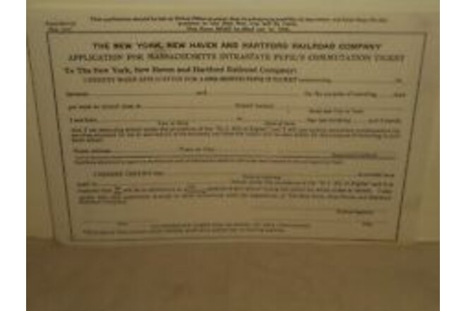 NYNH&H Railroad 1955 Intrastate Pupil Commutation Ticket Application Unused