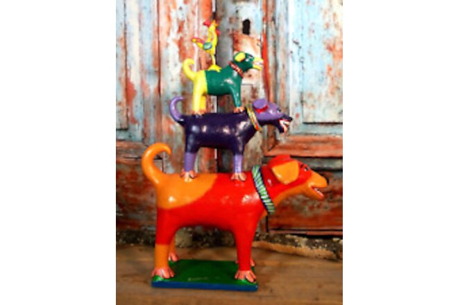 Dog Tower & Rooster Clay Ortega Mexican Folk Art Cerámica Fantástica Barro Betus