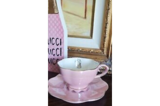Bunny Love 2pc Scalloped Pearlescent Tea Cup & Saucer SET PINK EASTER Bunny Logo