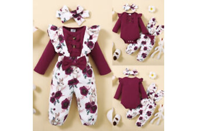 Winter Baby Girls Floral Printed Pullover Long Sleeve Bow Round Neck Jumpsuits