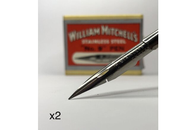 x2 William Mitchell's Stainless Steel "No.9" Pen 0221 Fine Nib Vintage Dip Pen