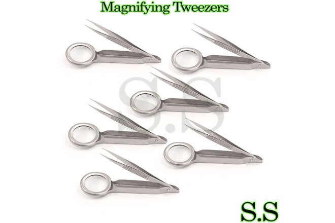 6 Magnifying Tweezers Forceps W/Magnifying Glass 3.50” EMS Surgical Instruments