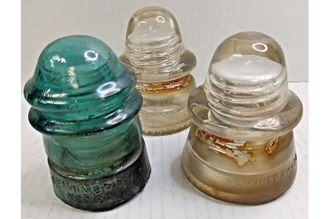 3 Glass Hemingray 14 Clear & No.12 Aqua Glass Insulators, Vintage Telephone Pole