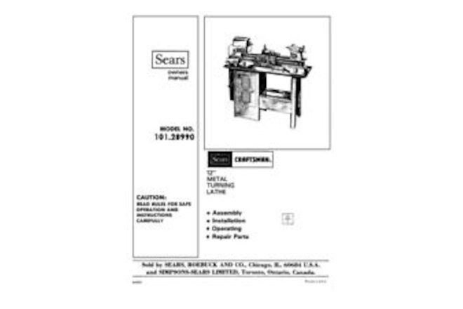 Craftsman  101.28990 12 metal lathe owners manual Instructions Reprint