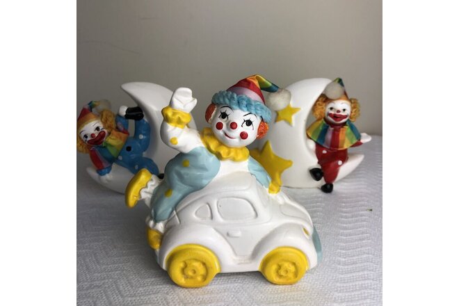 Vintage Artistic Gifts 1987 Clown In The Moon & Car Figurine Piggy Bank LOT OF 3