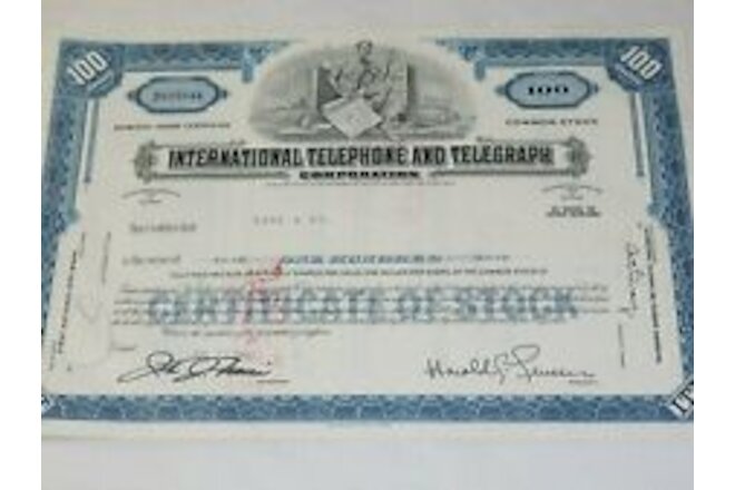 INTERNATIONAL TELEPHONE AND TELEGRAPH CORPORATION 100 Share Stock Certificate