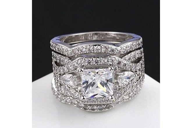 FENDINA Womens 3 PC 18K White Gold Plated Wedding Engagement Ring Set Sz 9