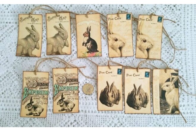10~Easter~Primitive~Bunny~Rabbits~Hares~Linen Cardstock~Gift~Hang~Tags~Ornies