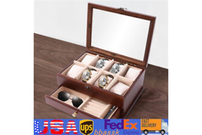 Vintage Watch Box 2 Layers Sycamore Wood Jewelry Large Storage Case Organizer