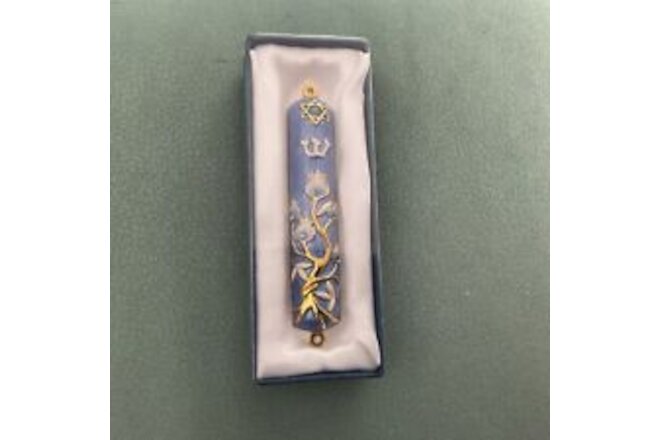 Mezuzah with Gold Accents & Crystals 4.5” Blue-Ivory Enamel
