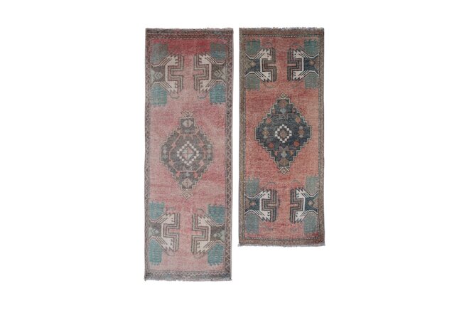 Pair of Vintage Turkish Oushak Yastik Scatter Rug - Faded Tribal Carpet