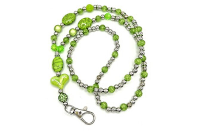 ID Badge Beaded Lanyard: Stunning Lime Green Acrylic Beads & Rhinestones 28" +4"