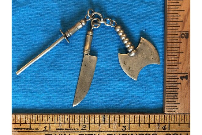 Vintage Lot of 3 -Double Battle Axe, Sword, Knife Charm Pendant Medieval Weapon