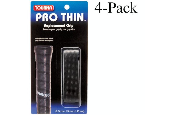 Tourna Pro Thin Replacement Grip 2.54 cm x 110 cm x 1.25 mm, Black (Pack of 4)