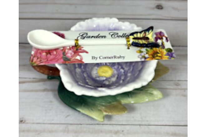 Corner Ruby Garden Collection Purple Flower Tea Cup Leaf Saucer Butterfly Spoon