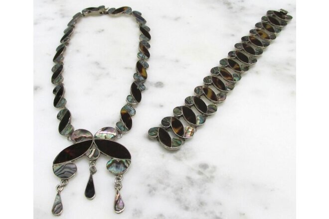 TAXCO LS Signed Sterling Silver Abalone Necklace / Bracelet Set ~ 67g ~ 12-A1628