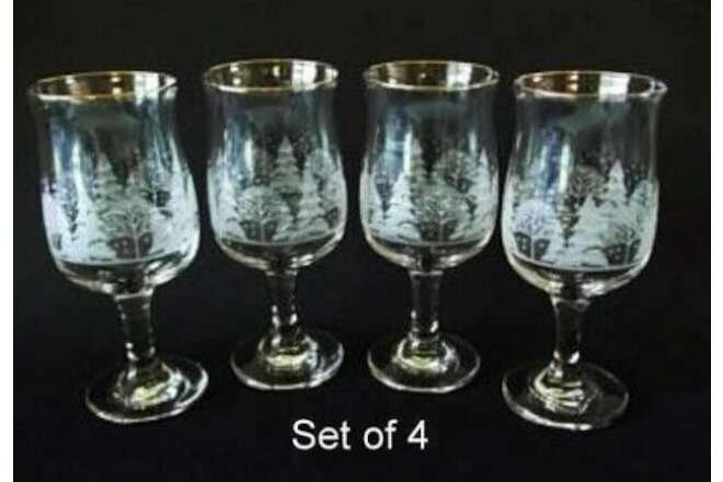 SET OF 4 Libbey Christmas White Frosted Pine Trees Goblets Glass Arby's