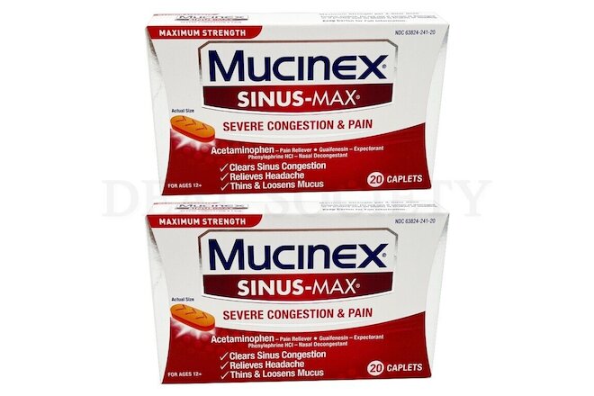 Lot of 2 - Mucinex Sinus-Max Severe Congestion Relief Caplets - 20ct Each