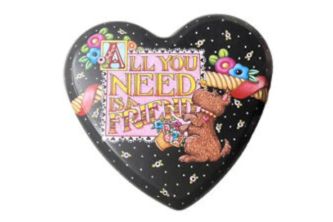 MARY ENGELBREIT "ALL YOU NEED IS S FRIEND” Tin Box Heart Dog Flowers 5.5x5x4 NEW