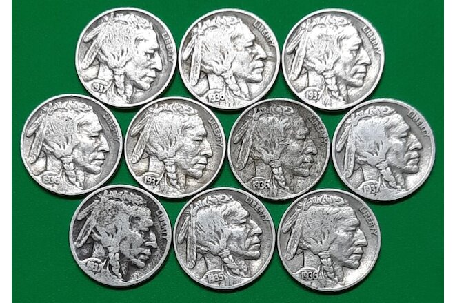 Ten FULL DATE Buffalo Nickels!