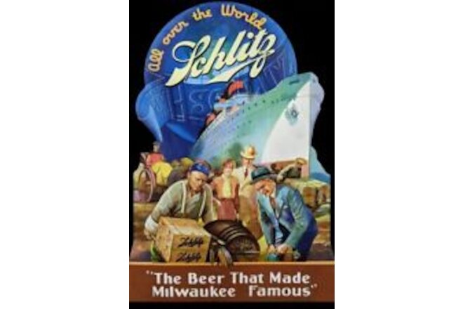 Schlitz Beer-ALL OVER THE WORLD-Ocean Liner NEW Sign: 28" Tall Diecut USA Steel