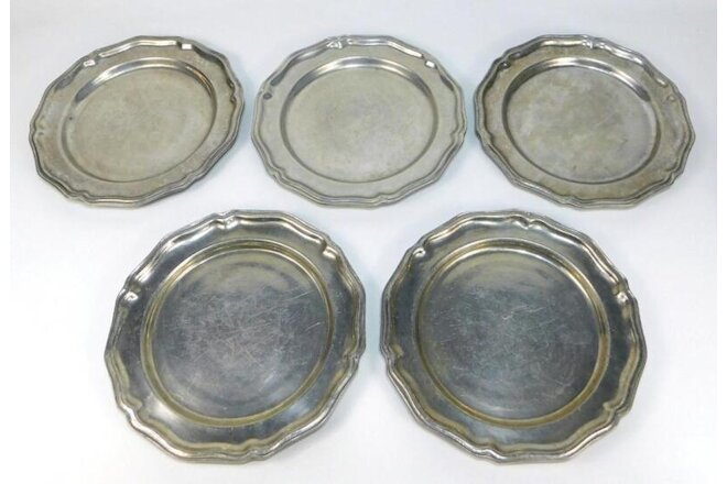 5 WILTON QUEEN ANNE CREST PEWTER ARMETALE COLUMBIA RWP DINNER PLATES10 1/4"