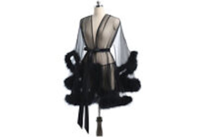 Women Sexy Tulle Feather Short Robe Bridal Lingerie Nightgown Bathrobe Sleepwear
