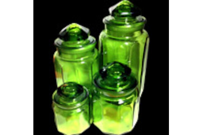 LE SMITH GREEN GLASS CANISTER SET VINTAGE PANELED SET OF 4