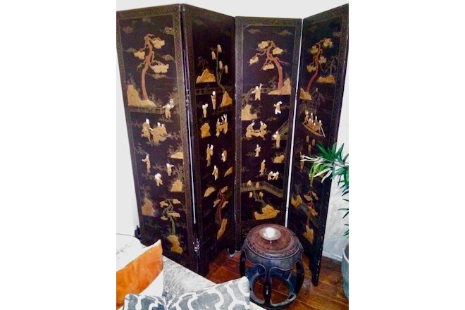 ANTIQUE CHINESE BLACK LACQUER SCREEN Mother of Pearl-EXQUISITE! RARE19th C.