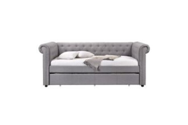 Chesterfield Twin Size Daybed With Attached Trundle And Nailhead Trimsgray-