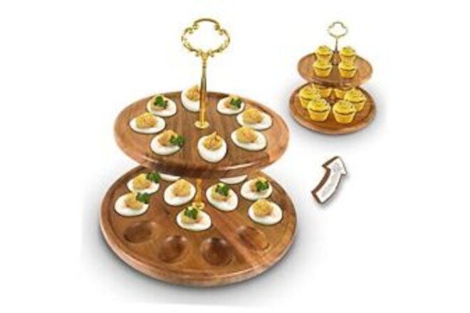 Double Wooden Deviled Egg Platter, 22 Holes Deviled Egg Plate, Wood Color