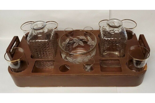 Vintage Bar Ware Wood Caddy Libbey Gold Rim Glasses Ice Bucket Hobnail Decanters