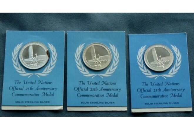 1970 Official United Nations 25th Anniversary - Lot of 3 Sterling Silver Medals