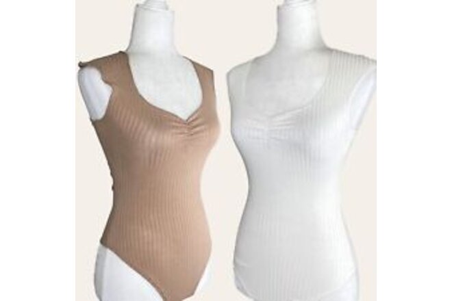 NWT Fashion Nova Ribbed Short-Sleeve Women Bodysuit Set Bundle Nude Off White XS