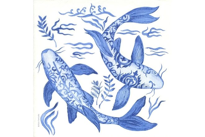 S254# 3 x Single SMALL Paper Napkins Decoupage China Blue Porcelain Carp Fish