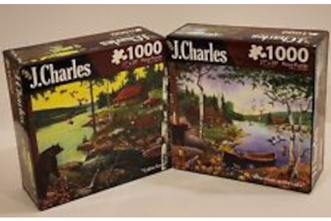 2 J.Charles 1000 PC Puzzles Cabin Fever/Afternoon at the Lake Forest Bear SEALED