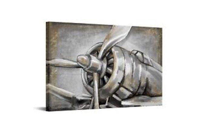 Large Vintage Airplane Propeller Canvas Wall Art Abstract Grey and Gold Aircr...