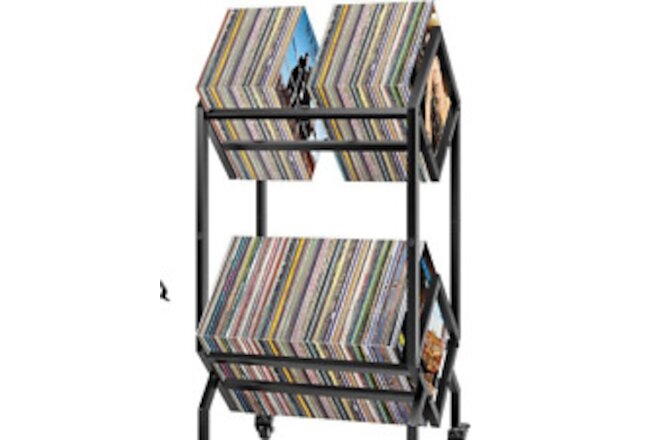 Record Vinyl  LP Stand Storage Rack with Casters 2 Tier Holds 160-200 Metal Blk