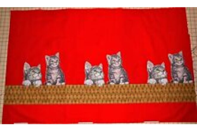Vintage Fabric 89" x 28"w Kittens Basket Border On Red Cotton- Joan Wolf