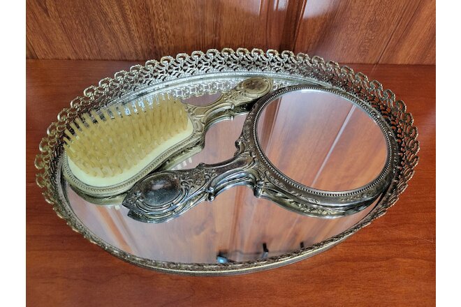 Vintage Silver Plated Vanity Set with Mirrored Tray, Hand Mirror, & Brush